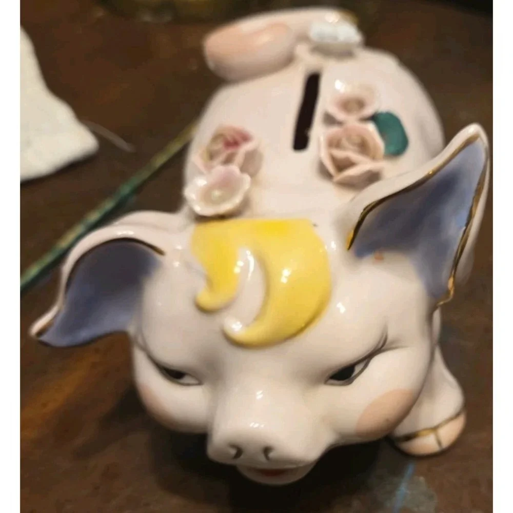 Vintage Piggy Bank Pink Flowers Gold Trim Japan True Piggy Bank Break For Money